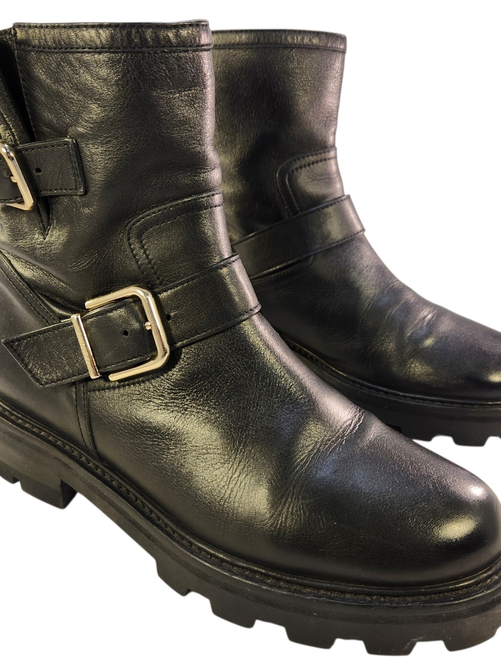 JIMMY CHOO YOUTH II BIKER BUCKLE ENGINEER WOMEN BLACK LEATHER BOOTS 38.5/8